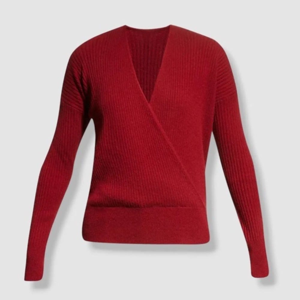 Neiman Marcus Cashmere Collection Ribbed Faux Wrap Sweater, Red, size M NWT